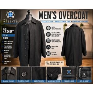 William Wallace Men Black Overcoat 42 Short Single Breasted Thinsulate Lining
